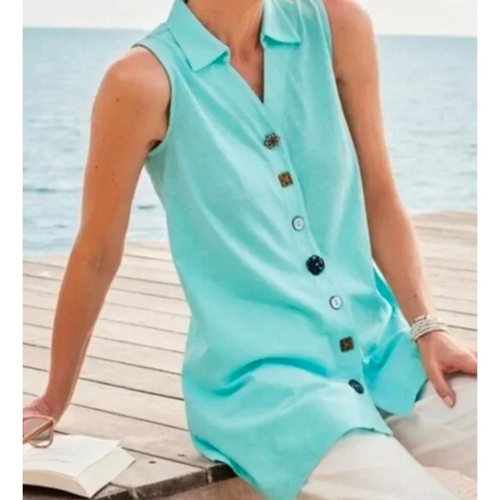 Soft Surroundings Danielle Button Tunic‎ Tank Top XS Seafoam Green